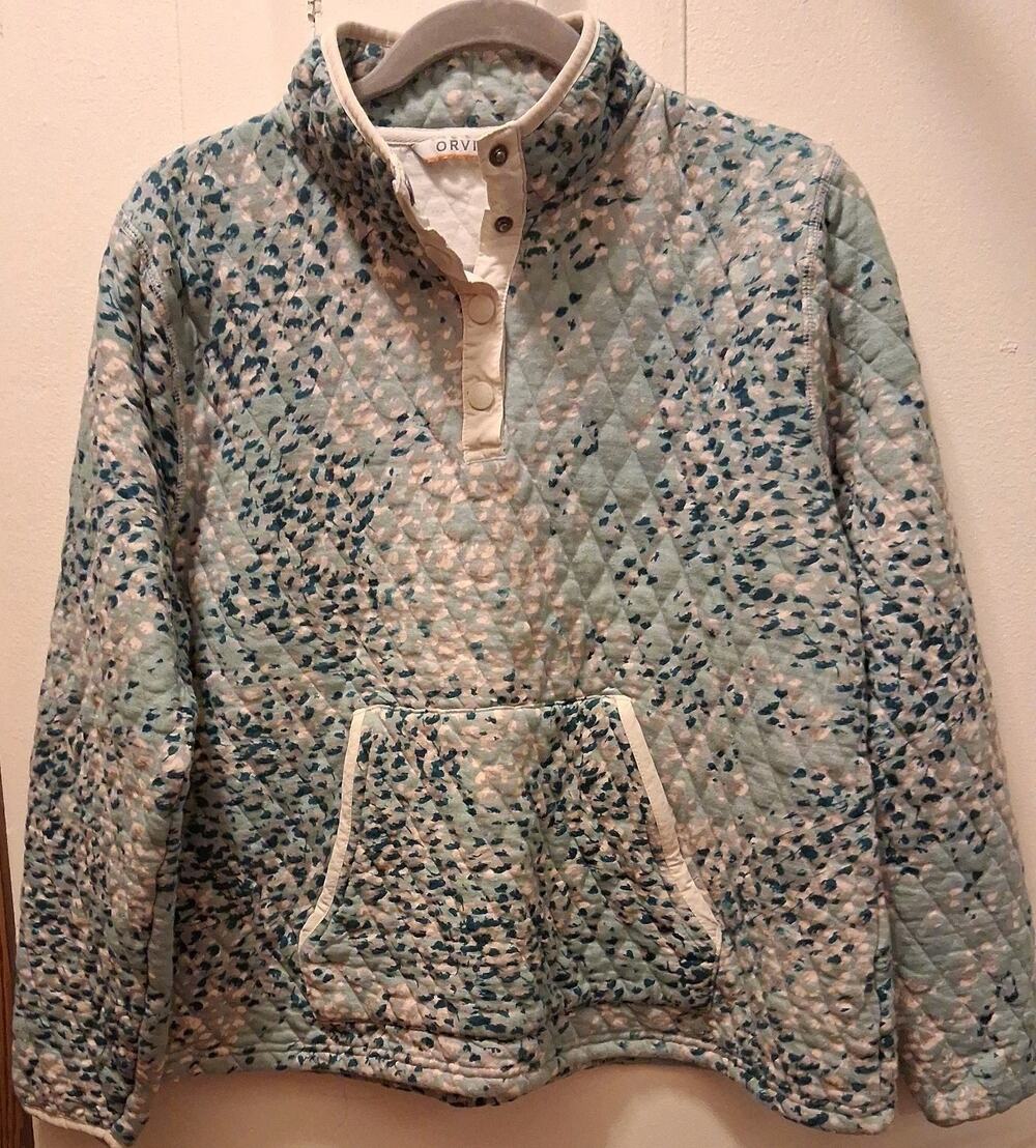 Orvis Womens Large Quilted Allover Abstract Print 1/4 Snap Cotton Pullover Blue